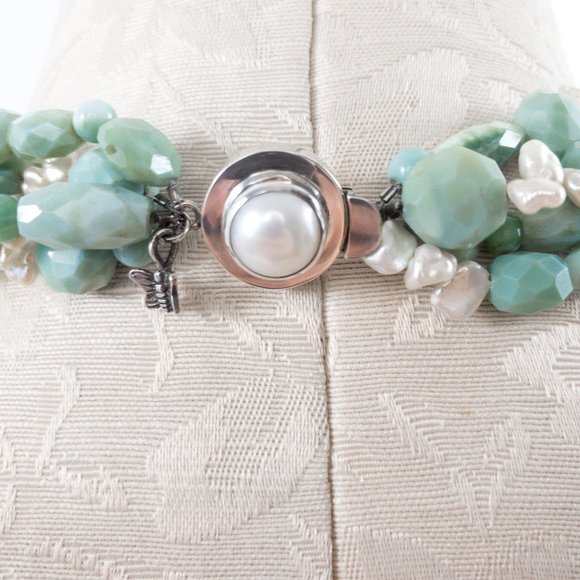 Real Amazonite Quartz & Pearl Multi-strand Necklace  Choker Green Blue Turquoise - Picture 4 of 6